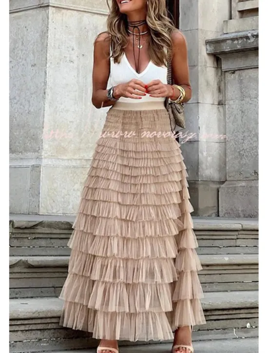 Online Women's Trumpet / Mermaid Long Skirt Maxi Skirts Ruffle Tulle Solid Colored Vacation Casual Daily Spring & Summer Tulle Summer Black White Pink Khaki Women Skirts