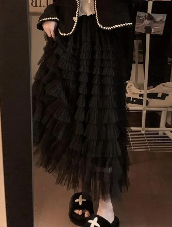 Online Women's Trumpet / Mermaid Long Skirt Maxi Skirts Ruffle Tulle Solid Colored Vacation Casual Daily Spring & Summer Tulle Summer Black White Pink Khaki Women Skirts