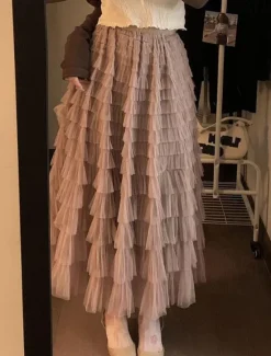 Online Women's Trumpet / Mermaid Long Skirt Maxi Skirts Ruffle Tulle Solid Colored Vacation Casual Daily Spring & Summer Tulle Summer Black White Pink Khaki Women Skirts