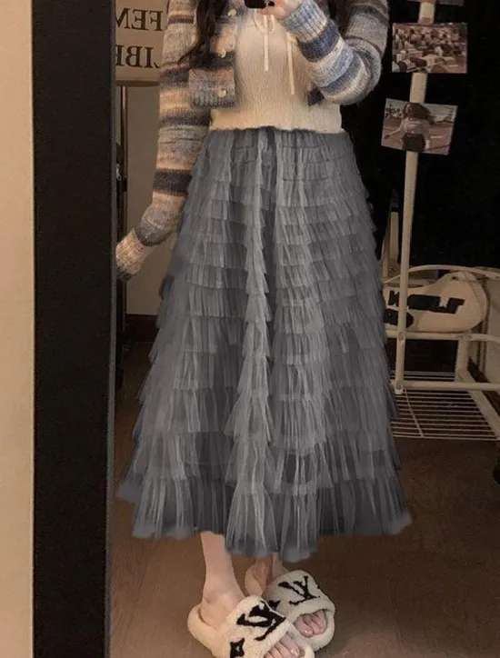 Online Women's Trumpet / Mermaid Long Skirt Maxi Skirts Ruffle Tulle Solid Colored Vacation Casual Daily Spring & Summer Tulle Summer Black White Pink Khaki Women Skirts