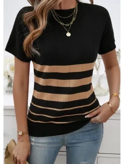 Best Women's Tunic Color Block Stylish Casual Short Sleeve Crew Neck Daily Print Maroon Black Khaki Summer Spring Fall Women Pullovers & Tops