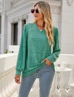 Hot Women's Tunic Cotton Shirt Plain Bohemia Stylish Basic Long Sleeve Puff Sleeve V Neck Regular Tops Daily Sports Going out Red Green Khaki Dark Gray Light Blue Spring Fall Women Women's Tops