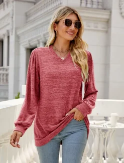 Hot Women's Tunic Cotton Shirt Plain Bohemia Stylish Basic Long Sleeve Puff Sleeve V Neck Regular Tops Daily Sports Going out Red Green Khaki Dark Gray Light Blue Spring Fall Women Women's Tops