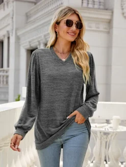 Hot Women's Tunic Cotton Shirt Plain Bohemia Stylish Basic Long Sleeve Puff Sleeve V Neck Regular Tops Daily Sports Going out Red Green Khaki Dark Gray Light Blue Spring Fall Women Women's Tops