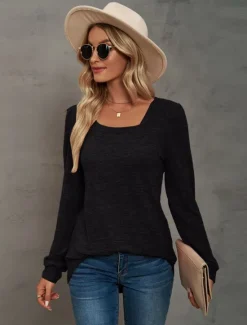 Hot Women's Tunic Cotton Shirt Plain Bohemia Stylish Basic Long Sleeve Puff Sleeve Square Neck Regular Tops Daily Sports Going out Black Pink Purple Green Khaki Spring Fall Women Women's Tops