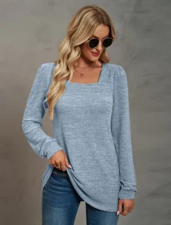 Hot Women's Tunic Cotton Shirt Plain Bohemia Stylish Basic Long Sleeve Puff Sleeve Square Neck Regular Tops Daily Sports Going out Black Pink Purple Green Khaki Spring Fall Women Women's Tops