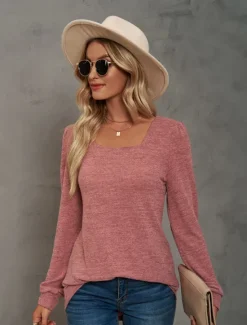 Hot Women's Tunic Cotton Shirt Plain Bohemia Stylish Basic Long Sleeve Puff Sleeve Square Neck Regular Tops Daily Sports Going out Black Pink Purple Green Khaki Spring Fall Women Women's Tops