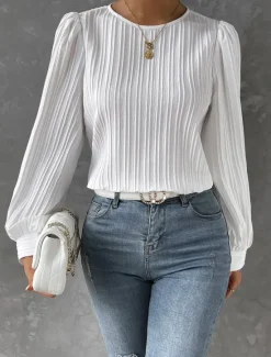 Online Women's Tunic Elegant Casual Solid Color Lantern Sleeve Long Sleeve Regular Tops Crew Neck Daily White Wine Blue Purple Spring Fall Women Blouses & Shirts