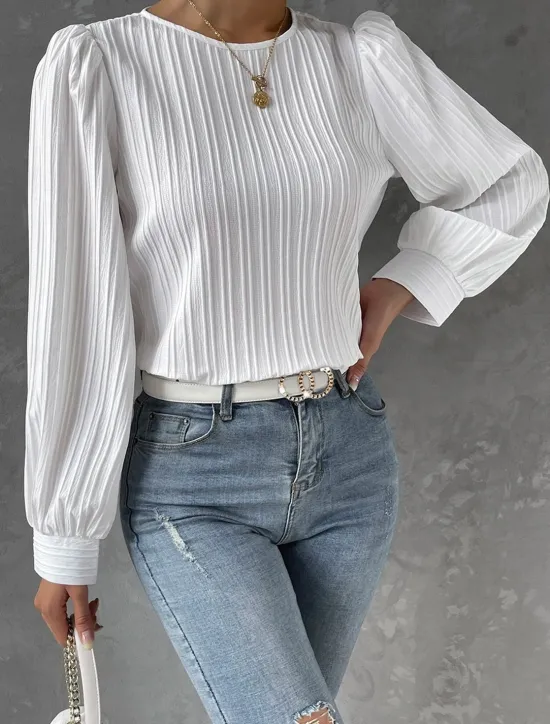 Online Women's Tunic Elegant Casual Solid Color Lantern Sleeve Long Sleeve Regular Tops Crew Neck Daily White Wine Blue Purple Spring Fall Women Blouses & Shirts