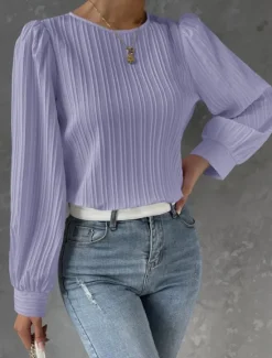 Online Women's Tunic Elegant Casual Solid Color Lantern Sleeve Long Sleeve Regular Tops Crew Neck Daily White Wine Blue Purple Spring Fall Women Blouses & Shirts