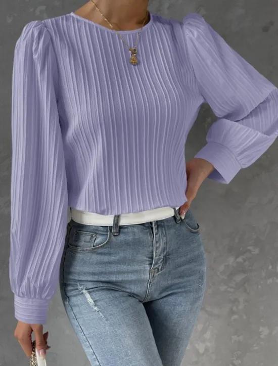 Online Women's Tunic Elegant Casual Solid Color Lantern Sleeve Long Sleeve Regular Tops Crew Neck Daily White Wine Blue Purple Spring Fall Women Blouses & Shirts