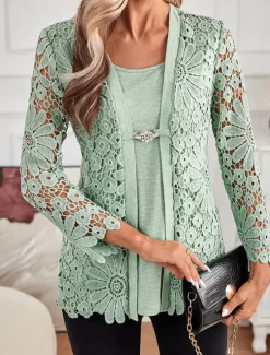 Sale Women's Tunic Elegant Long Sleeve Square Neck Regular Tops Vacation Valentine's Day Daily Lace Buttons Eyelet Spring Fall Women Tunic Tops