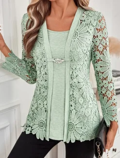 Sale Women's Tunic Elegant Long Sleeve Square Neck Regular Tops Vacation Valentine's Day Daily Lace Buttons Eyelet Spring Fall Women Tunic Tops