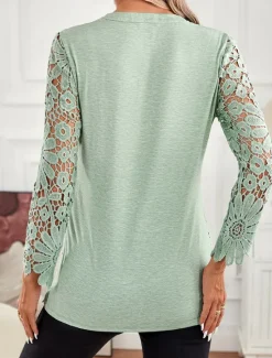Sale Women's Tunic Elegant Long Sleeve Square Neck Regular Tops Vacation Valentine's Day Daily Lace Buttons Eyelet Spring Fall Women Tunic Tops