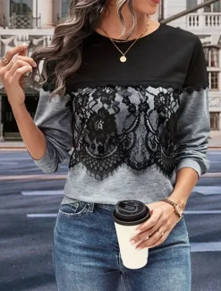 New Women's Tunic Elegant Long Sleeve Crew Neck New Year Lace Spring Fall Winter Women Lace Tops