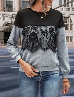 New Women's Tunic Elegant Long Sleeve Crew Neck New Year Lace Spring Fall Winter Women Lace Tops