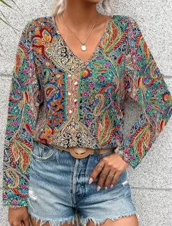 Clearance Women's Tunic Fashion Casual Print Long Sleeve Regular Tops V Neck Daily Red Blue Green Spring Fall Women Boho Tops