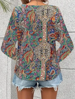 Clearance Women's Tunic Fashion Casual Print Long Sleeve Regular Tops V Neck Daily Red Blue Green Spring Fall Women Boho Tops