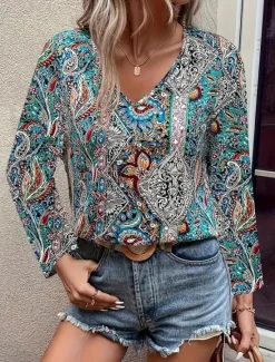 Clearance Women's Tunic Fashion Casual Print Long Sleeve Regular Tops V Neck Daily Red Blue Green Spring Fall Women Boho Tops