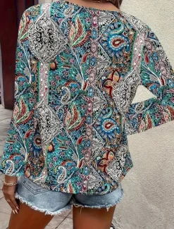 Clearance Women's Tunic Fashion Casual Print Long Sleeve Regular Tops V Neck Daily Red Blue Green Spring Fall Women Boho Tops