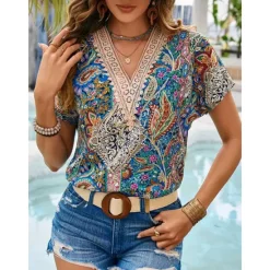 Discount Women's Tunic Graphic Daily Stylish Short Sleeve Cap Sleeve V Neck Regular Tops Vacation Daily Contrast Lace Summer Spring Fall Women Blouses & Shirts