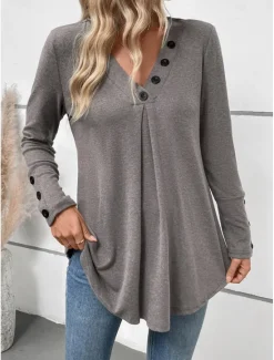 Hot Women's Tunic Long Sleeve V Neck Buttons Spring Fall Winter Women Tunic Tops
