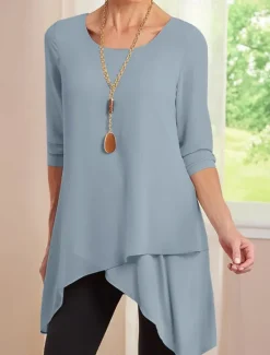 Best Women's Tunic Long Sleeve Crew Neck Red Blue Khaki Spring Fall Women Tunic Tops