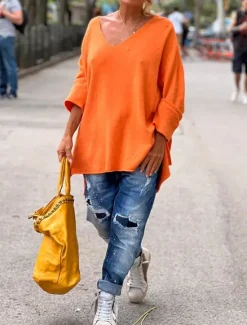 Outlet Women's Tunic Oversized Sweatshirt Pullover Sports Basic Neon & Bright Plain Street Casual V Neck Loose Fit Long Sleeve Black Pink Orange Gray Fall & Winter Prefall Women Tunic Tops