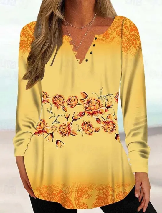 Outlet Women's Tunic Shirt Henley Shirt Blouse Tunic Basic Floral Buttons Print Long Sleeve Regular Tops Round Neck Casual Holiday Yellow Pink Green Gray Light Blue Spring & Fall Prefall Women Tunic Tops
