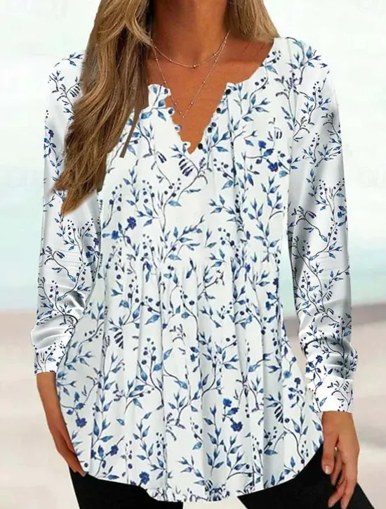 Outlet Women's Tunic Shirt Henley Shirt Blouse Tunic Basic Floral Buttons Print Long Sleeve Regular Tops Round Neck Casual Holiday Yellow Pink Green Gray Light Blue Spring & Fall Prefall Women Tunic Tops
