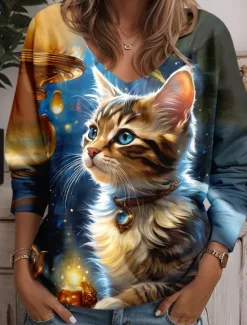 Sale Women's Tunic T Shirt Animal Cat Fashion Funny Long Sleeve V Neck Regular Tops Daily Weekend Print Yellow Blue Purple Green Light Blue Spring & Fall Women Tunic Tops