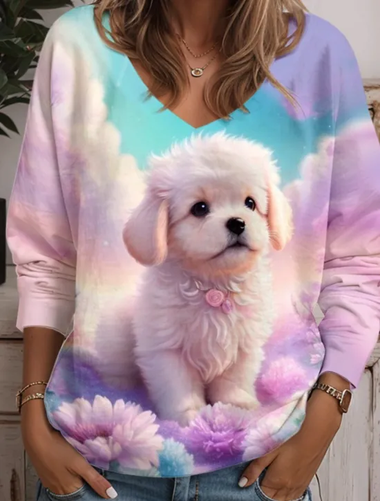 Sale Women's Tunic T Shirt Animal Cat Fashion Funny Long Sleeve V Neck Regular Tops Daily Weekend Print Yellow Blue Purple Green Light Blue Spring & Fall Women Tunic Tops