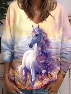 Sale Women's Tunic T Shirt Animal Cat Fashion Funny Long Sleeve V Neck Regular Tops Daily Weekend Print Yellow Blue Purple Green Light Blue Spring & Fall Women Tunic Tops