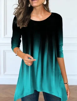 Women's Tunic T Shirt Color Gradient Tunic Basic Long Sleeve Round Neck Long Tops Daily Weekend Print Flowing tunic Pink Blue Purple Green Fall & Winter Women Tunic Tops