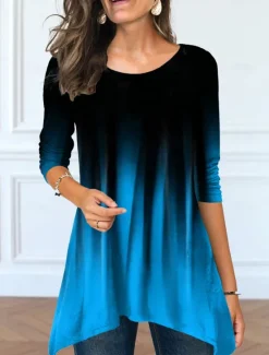 Women's Tunic T Shirt Color Gradient Tunic Basic Long Sleeve Round Neck Long Tops Daily Weekend Print Flowing tunic Pink Blue Purple Green Fall & Winter Women Tunic Tops