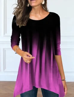 Women's Tunic T Shirt Color Gradient Tunic Basic Long Sleeve Round Neck Long Tops Daily Weekend Print Flowing tunic Pink Blue Purple Green Fall & Winter Women Tunic Tops