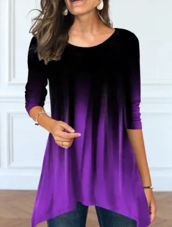 Women's Tunic T Shirt Color Gradient Tunic Basic Long Sleeve Round Neck Long Tops Daily Weekend Print Flowing tunic Pink Blue Purple Green Fall & Winter Women Tunic Tops