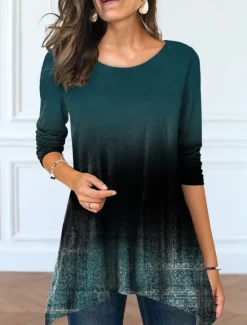 Discount Women's Tunic T Shirt Color Gradient Tunic Basic Long Sleeve Round Neck Long Tops Casual Weekend Print Flowing tunic Pink Blue Purple Green Light Blue Fall & Winter Prefall Women Tunic Tops