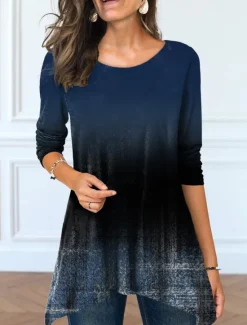 Discount Women's Tunic T Shirt Color Gradient Tunic Basic Long Sleeve Round Neck Long Tops Casual Weekend Print Flowing tunic Pink Blue Purple Green Light Blue Fall & Winter Prefall Women Tunic Tops