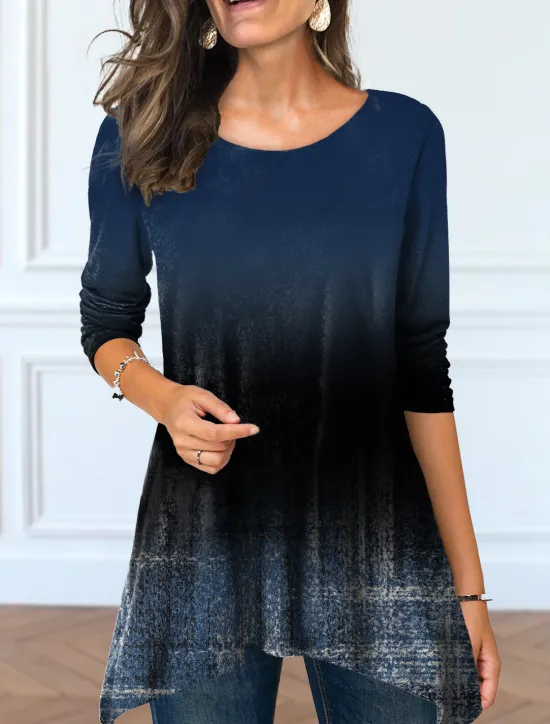 Discount Women's Tunic T Shirt Color Gradient Tunic Basic Long Sleeve Round Neck Long Tops Casual Weekend Print Flowing tunic Pink Blue Purple Green Light Blue Fall & Winter Prefall Women Tunic Tops