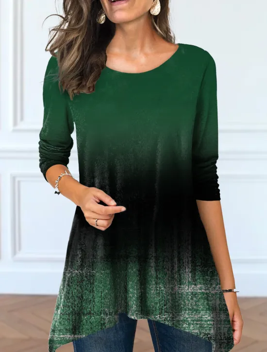 Discount Women's Tunic T Shirt Color Gradient Tunic Basic Long Sleeve Round Neck Long Tops Casual Weekend Print Flowing tunic Pink Blue Purple Green Light Blue Fall & Winter Prefall Women Tunic Tops