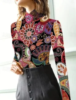 Hot Women's Tunic T Shirt Elegant Bohemia Vintage Long Sleeve Regular Tops Turtleneck Vacation Going out Fall Winter Prefall Women T-Shirts|Boho Tops