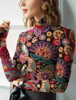 Hot Women's Tunic T Shirt Elegant Bohemia Vintage Long Sleeve Regular Tops Turtleneck Vacation Going out Fall Winter Prefall Women T-Shirts|Boho Tops
