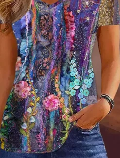 Best Women's Tunic T Shirt Fashion Casual Print Short Sleeve Regular Tops V Neck Daily Spring Fall Women Spring Tops