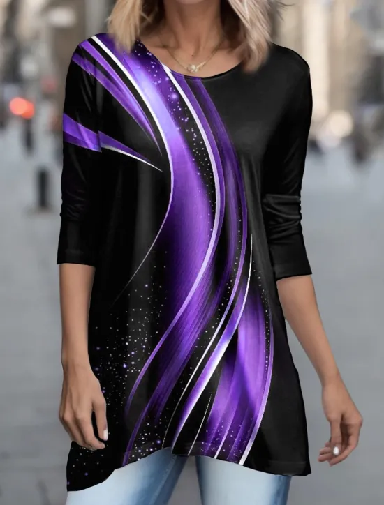 Outlet Women's Tunic T Shirt Geometric Basic Long Sleeve Round Neck Long Tops Daily Weekend Print Flowing tunic Pink Blue Purple Green Gray Spring & Fall Women Tunic Tops