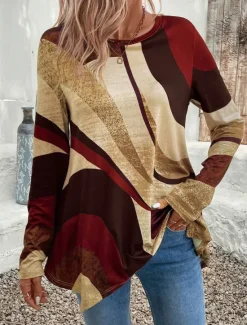 Sale Women's Tunic T Shirt Geometric Casual Long Sleeve Crew Neck Regular Tops Daily Print Asymmetrical Spring & Fall Women Tunic Tops