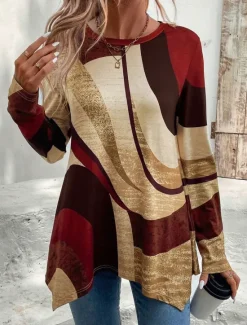 Sale Women's Tunic T Shirt Geometric Casual Long Sleeve Crew Neck Regular Tops Daily Print Asymmetrical Spring & Fall Women Tunic Tops