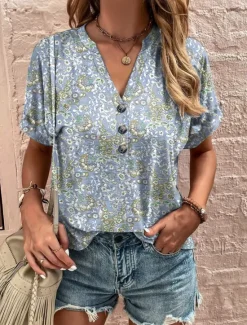 Women's Tunic T Shirt Graphic Vintage Short Sleeve V Neck Regular Tops Daily Print Pink Blue Green Summer Women Boho Tops