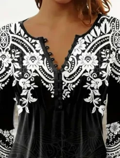 Clearance Women's Tunic T Shirt Graphic Elegant Vintage 3/4 Length Sleeve Notched Neck Regular Tops Daily Going out Ruffle Buttons Spring Fall Women Boho Tops