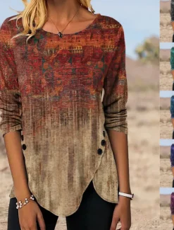Best Women's Tunic T Shirt Graphic Vintage Tunic Ethnic Long Sleeve Round Neck Regular Tops Holiday Weekend Print Maroon Blue Green Gray Fall & Winter Women Tunic Tops|Boho Tops